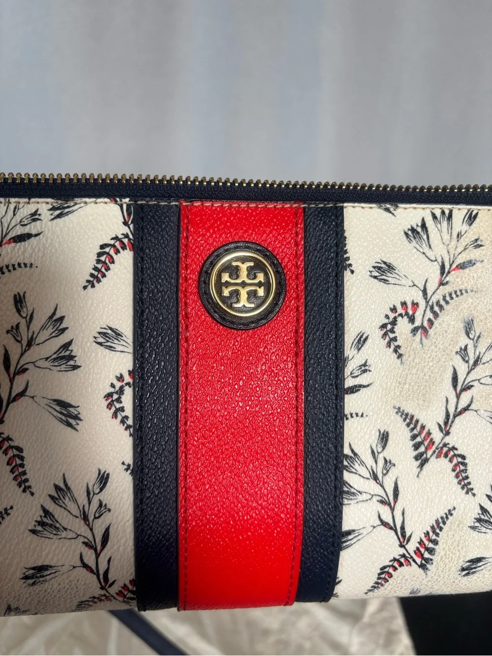 Tory Burch Kerrington red and blue stripe floral Crossbody Bag wallet clutch